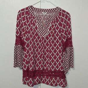 Crown & Ivy 3/4 Peasant Sleeve Tunic Top w Crochet Trim Pink & White Women’s M P